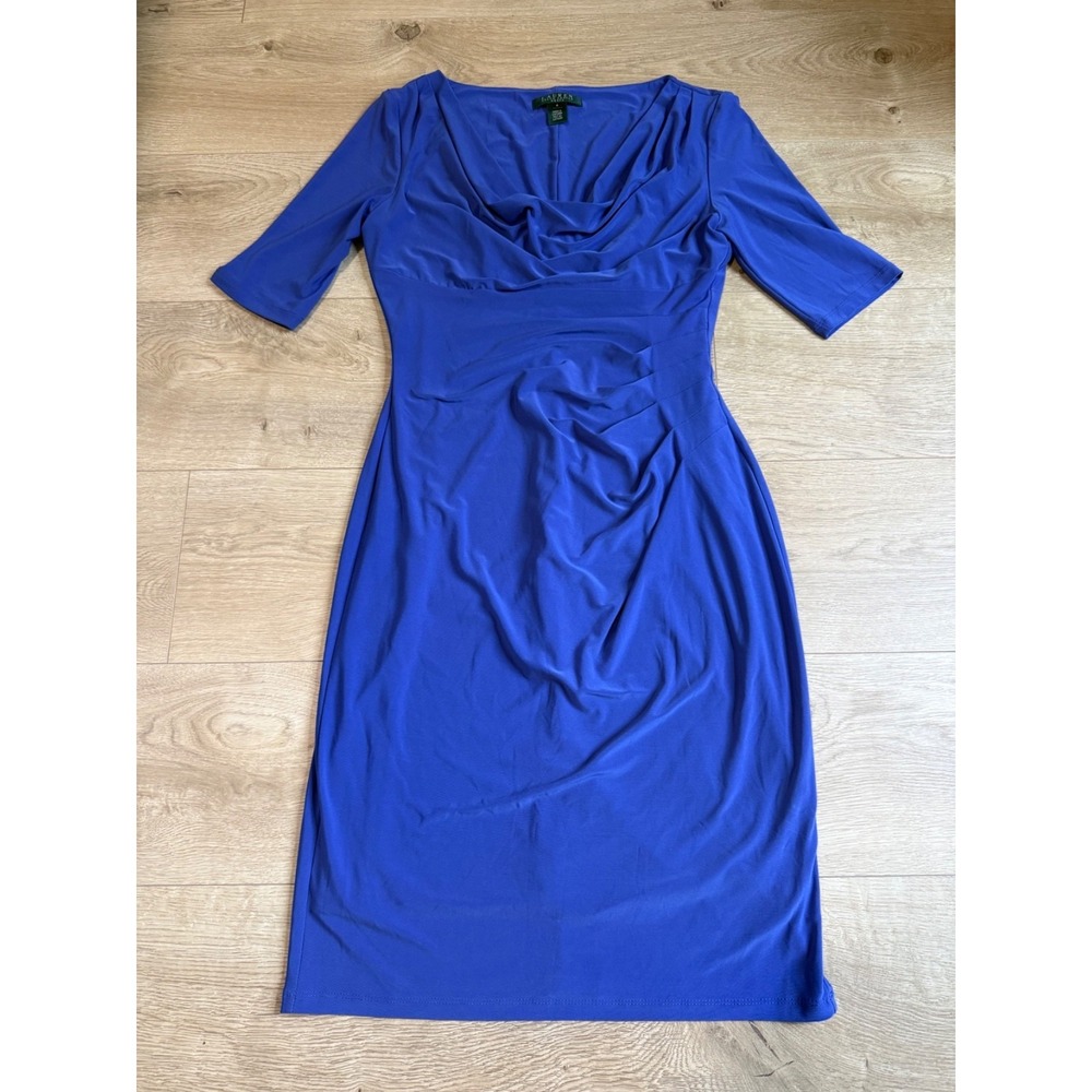 EUC Womens Lauren Ralph Lauren dress blue short‎ sleeve stretch cowl neck 6